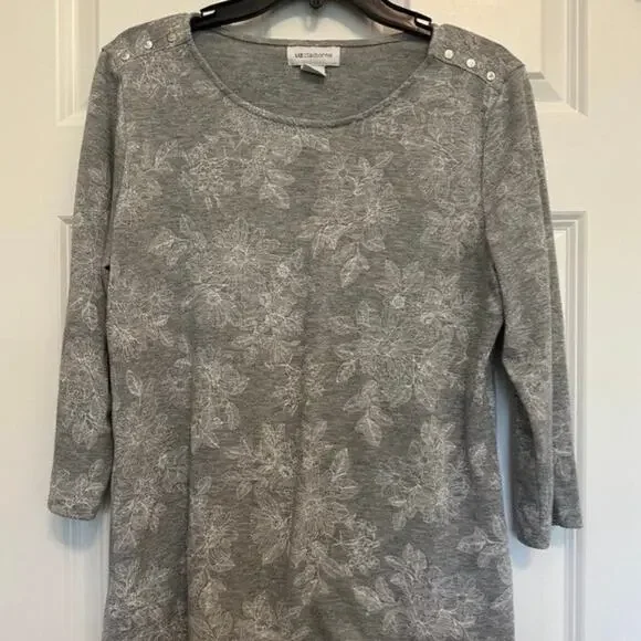 Liz Claiborne Gray Floral Work Top Button Shoulder 3/4 Sleeve Size L - Picture 1 of 7